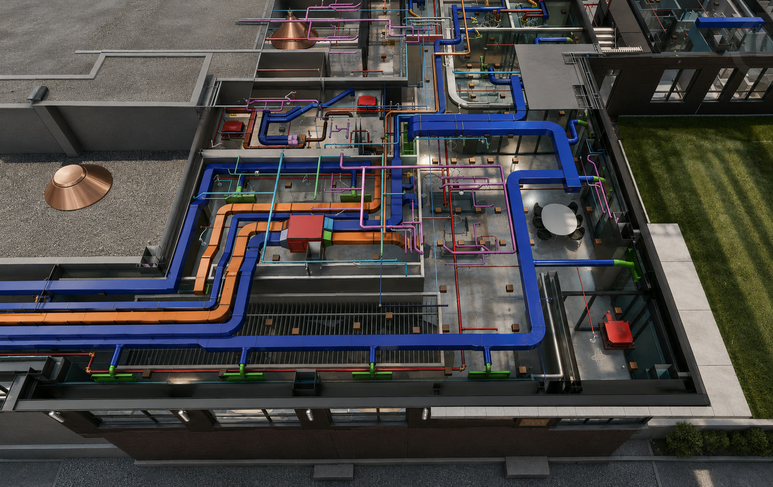 3D BIM coordination model showing coordinated MEP systems in a building