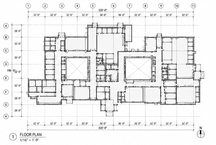 2D architectural floor plan with column grid and dimensions, a typical PDF or CAD source for a Revit model