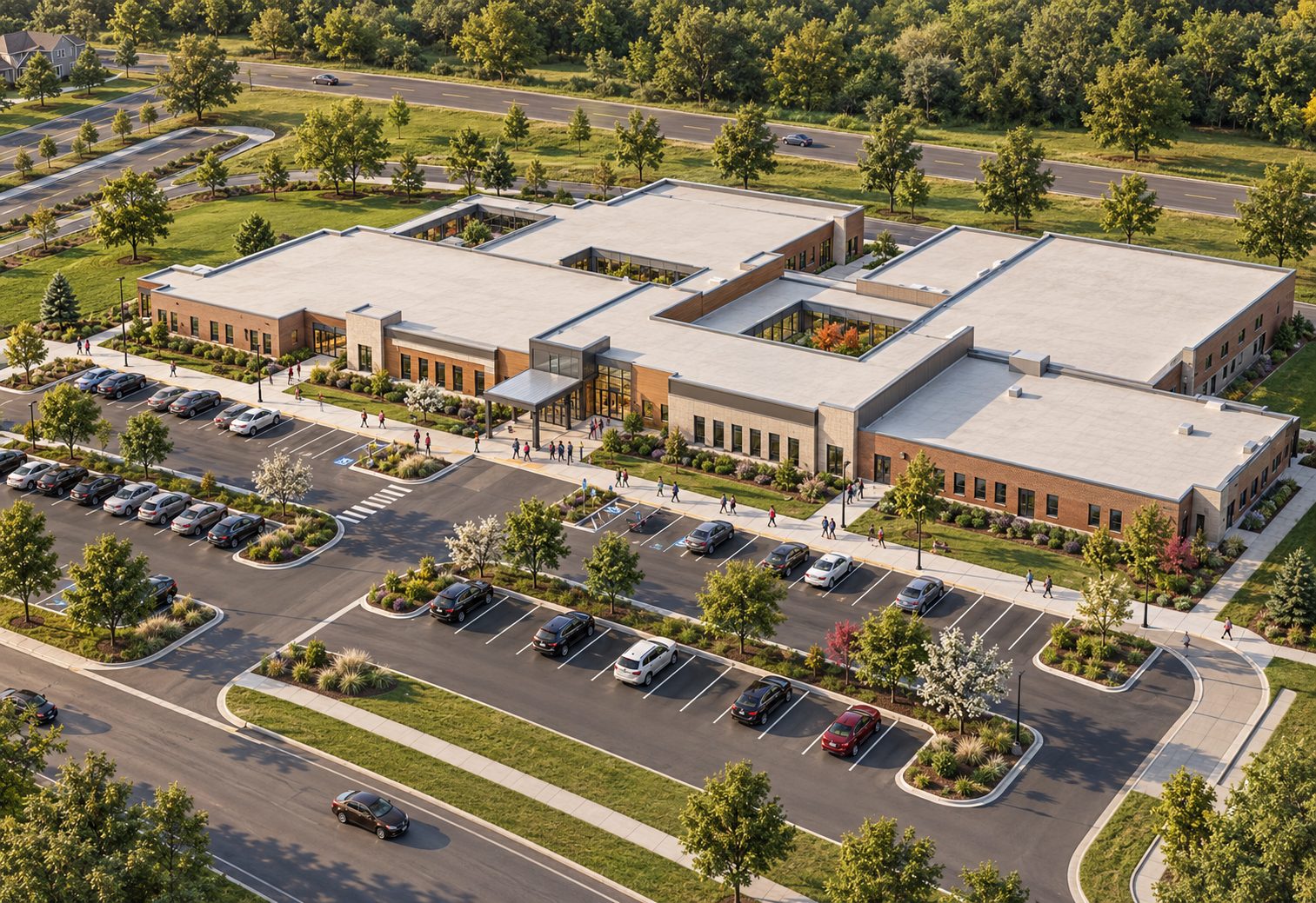 Aerial rendering of a two-story school campus