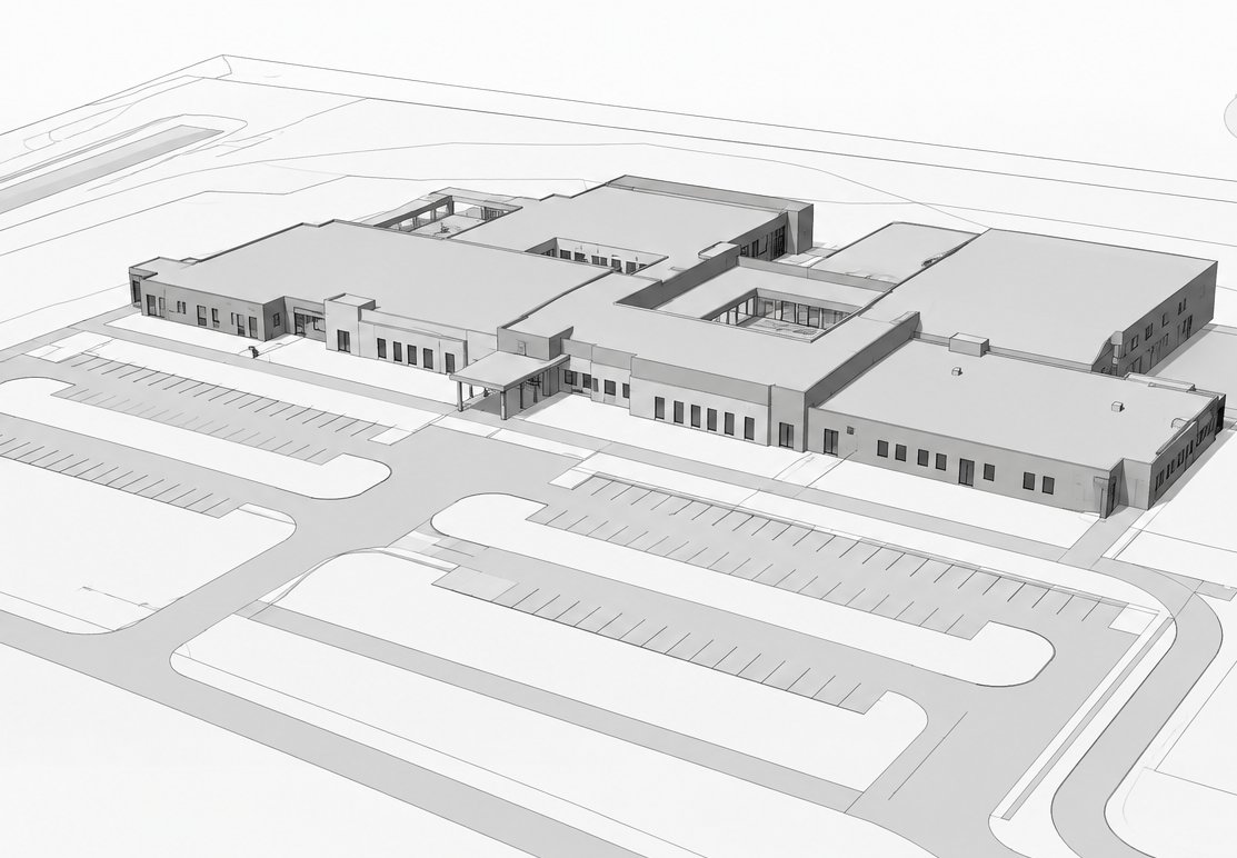 Design-intent Revit model of a single-story campus building with parking and site, shown in a 3D view