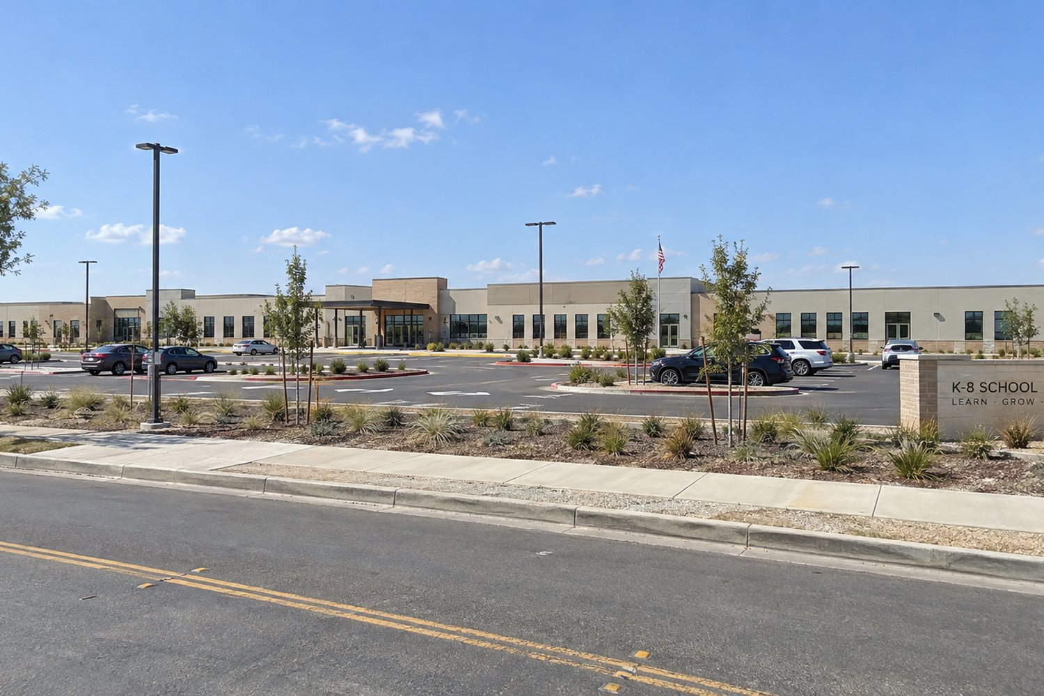 Street-level photo of a single-story school building with its parking lot and entry canopy