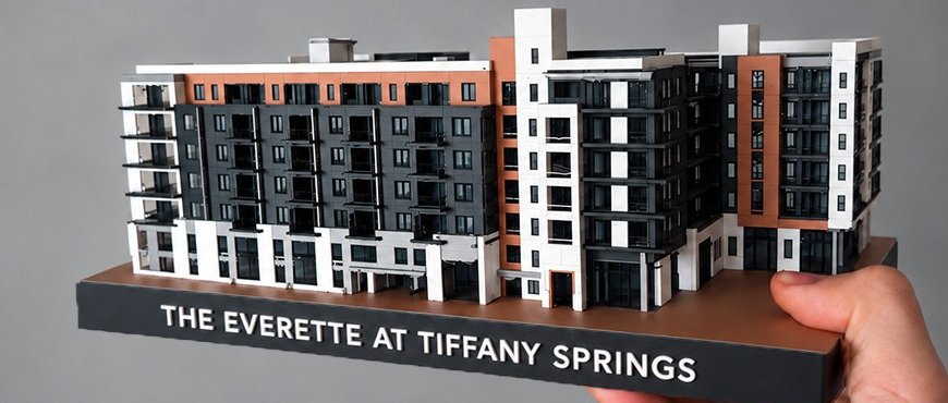 3D-printed multi-color scale model of a 7-story mixed-use apartment complex