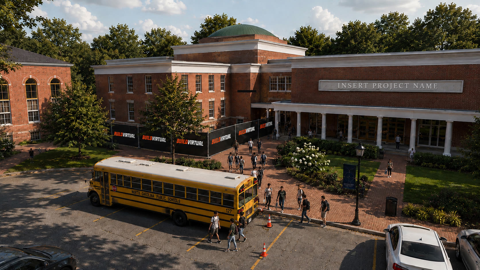 Photorealistic exterior rendering of a university campus building