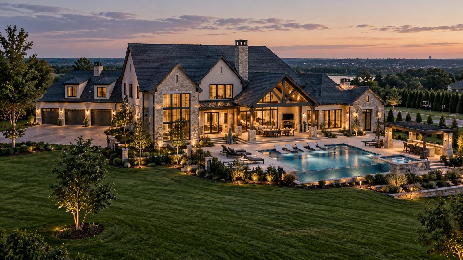 Exterior rendering of a custom home with a pool terrace at dusk