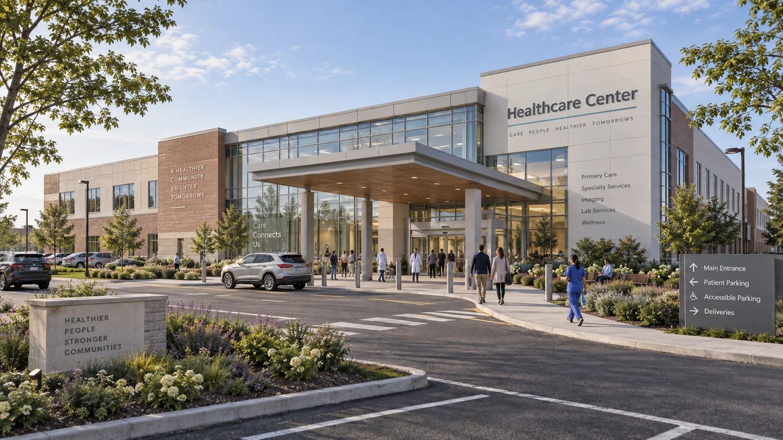Exterior rendering of a healthcare center entrance with a covered drop-off