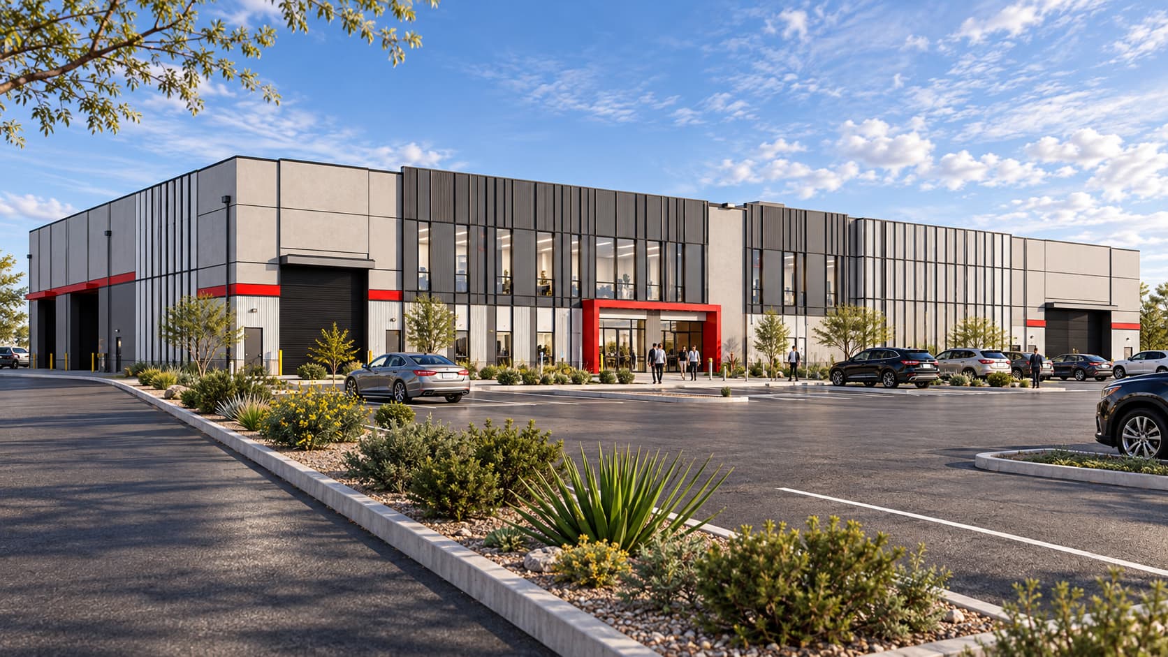 Photorealistic exterior rendering of a two-story industrial facility with a red-framed entry and landscaped parking