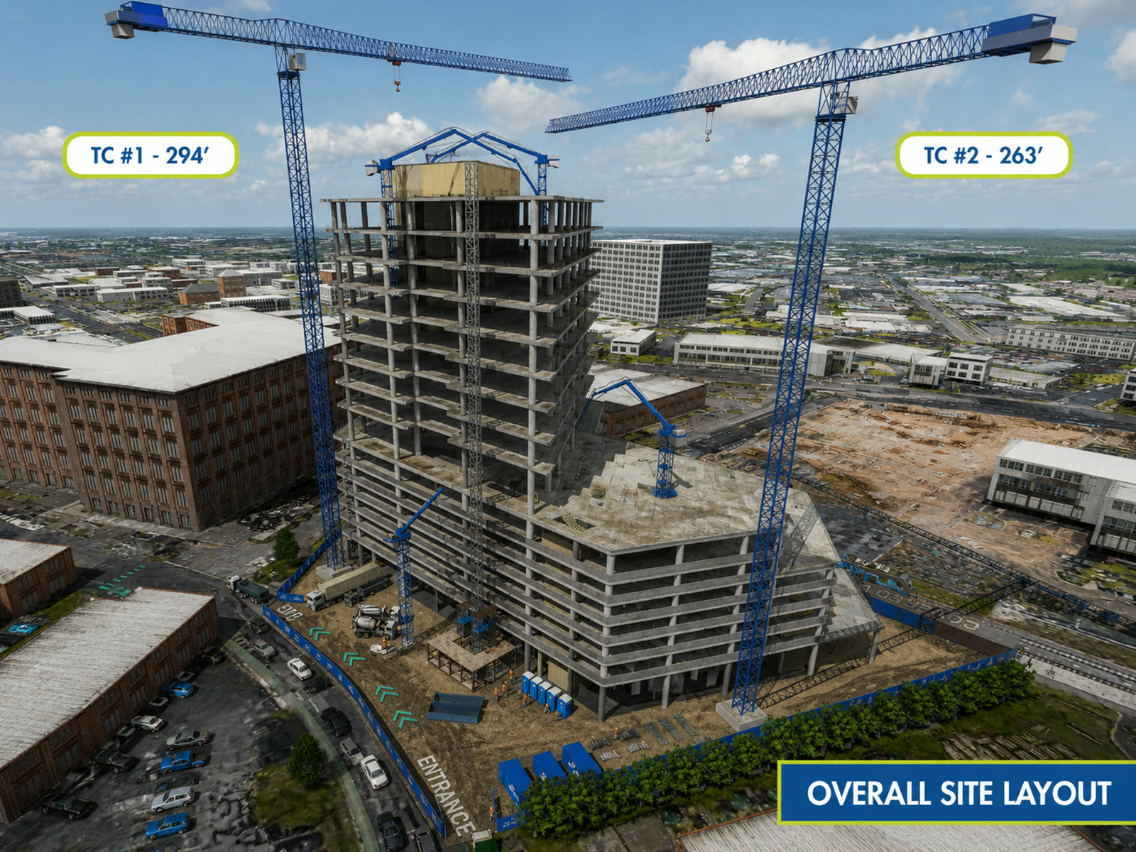 High-end construction site logistics rendering with tower cranes