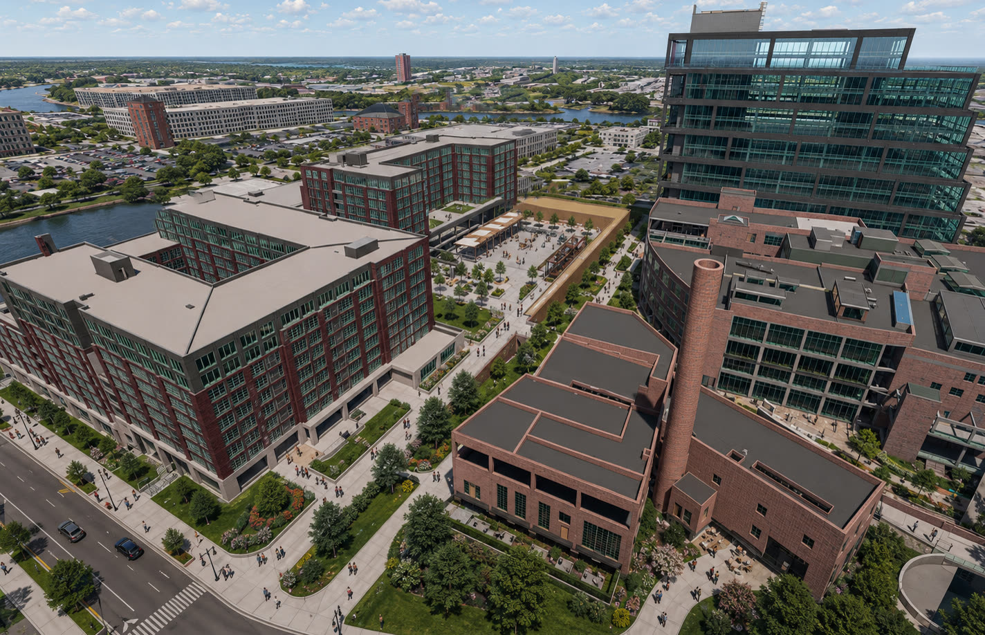 Photorealistic exterior rendering of a mixed-use riverfront development