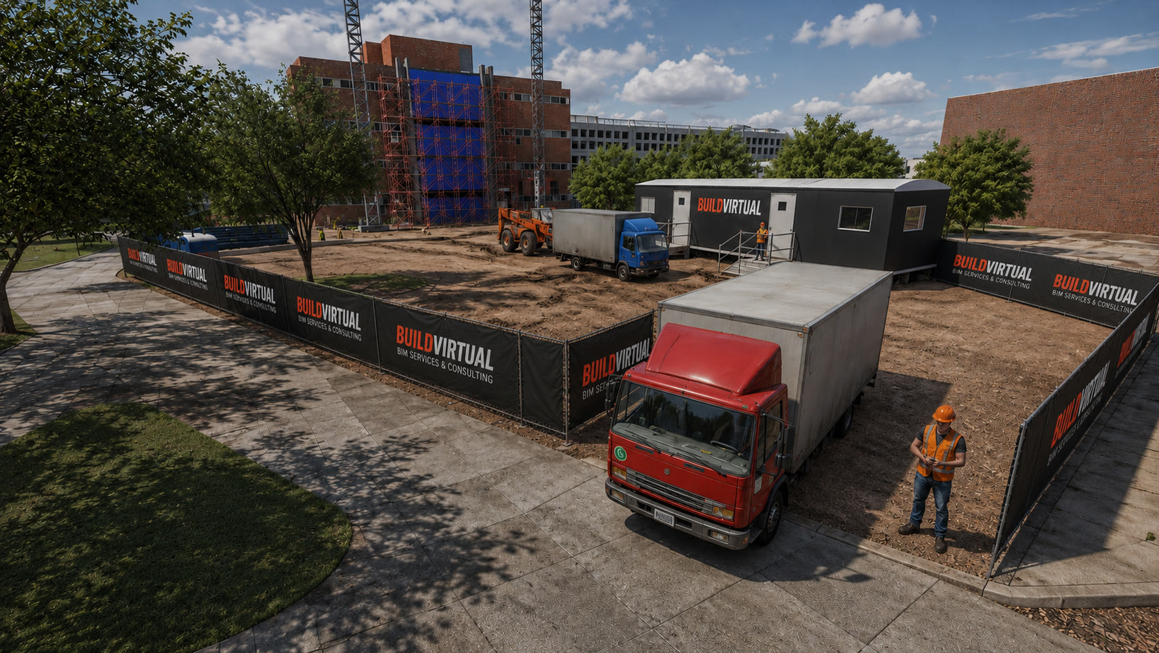 Construction site logistics plan — truck entrance, laydown, and staging