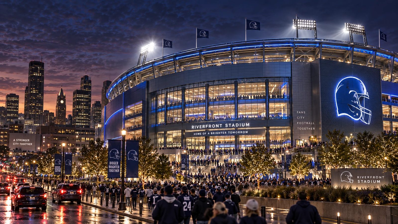 Exterior rendering of a football stadium at dusk with fans arriving