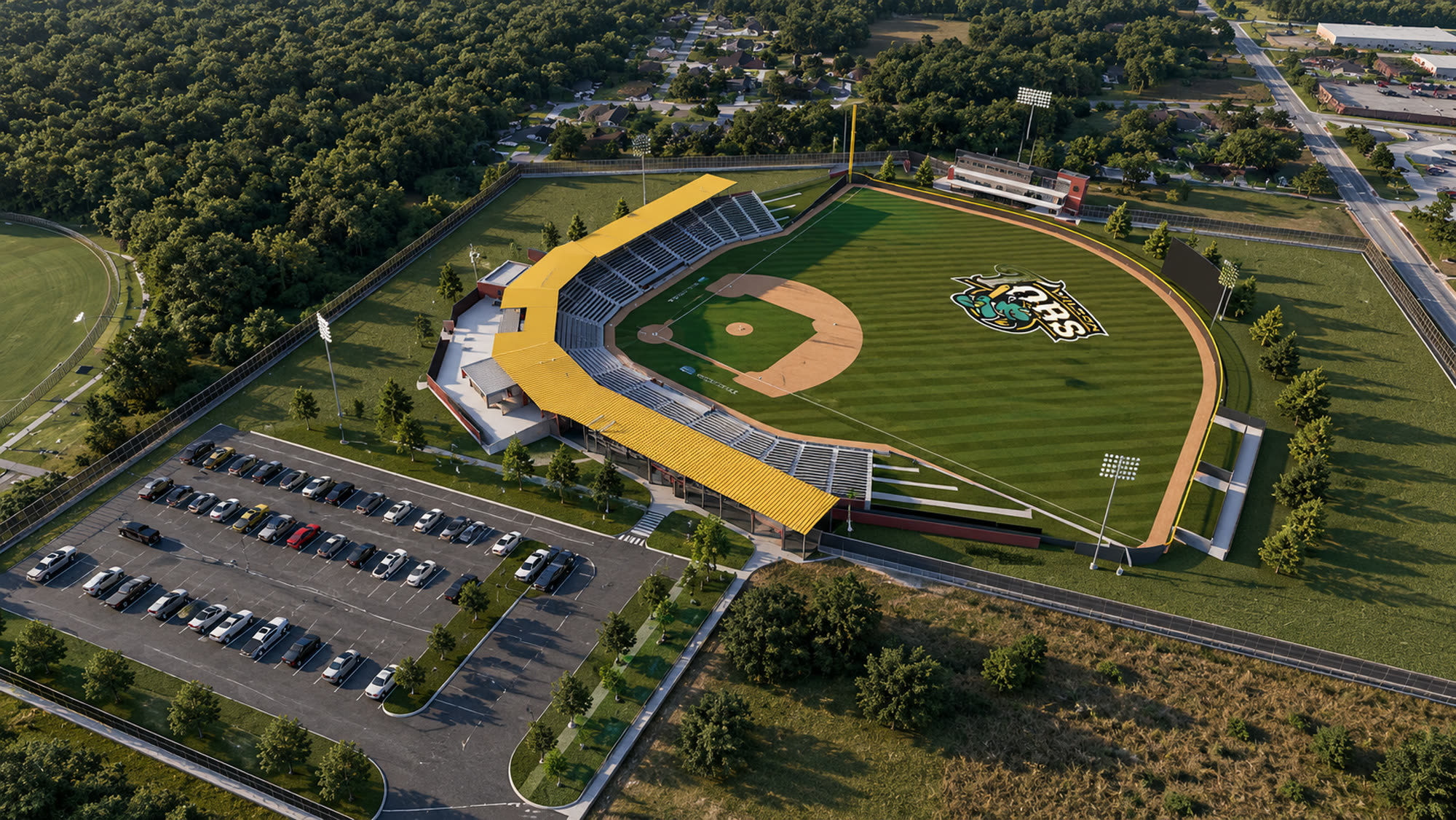 Photorealistic aerial exterior rendering of a baseball stadium and ballpark