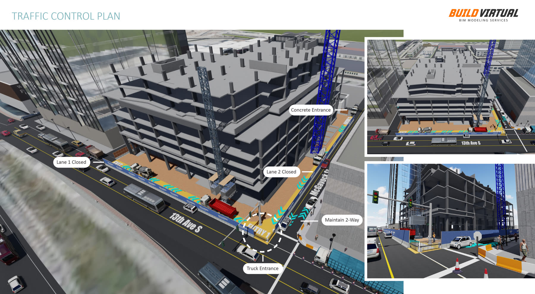 Construction traffic control plan — lane closures, truck entrance, maintain two-way
