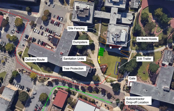 Marked-up aerial site plan from a client, with hand-placed callouts for site fencing, dumpsters, sanitation units, tree protection, the delivery route, gate, job trailer, buck hoists, and the subcontractor drop-off location