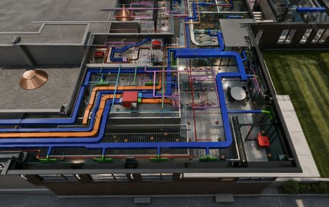 3D BIM coordination model showing coordinated MEP systems in a building