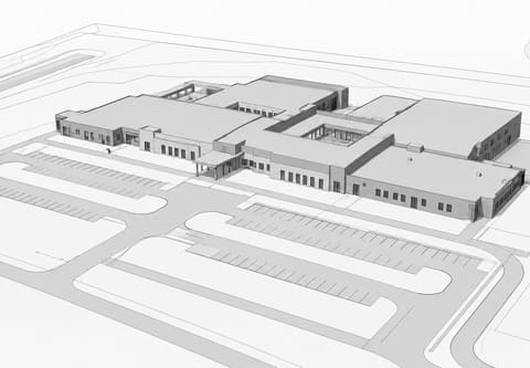 Design-intent Revit model of a single-story campus building with parking and site