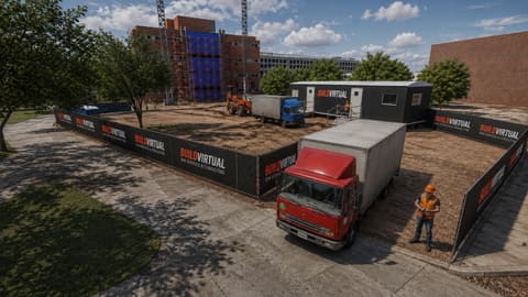 Construction site logistics plan — truck entrance, laydown, and staging